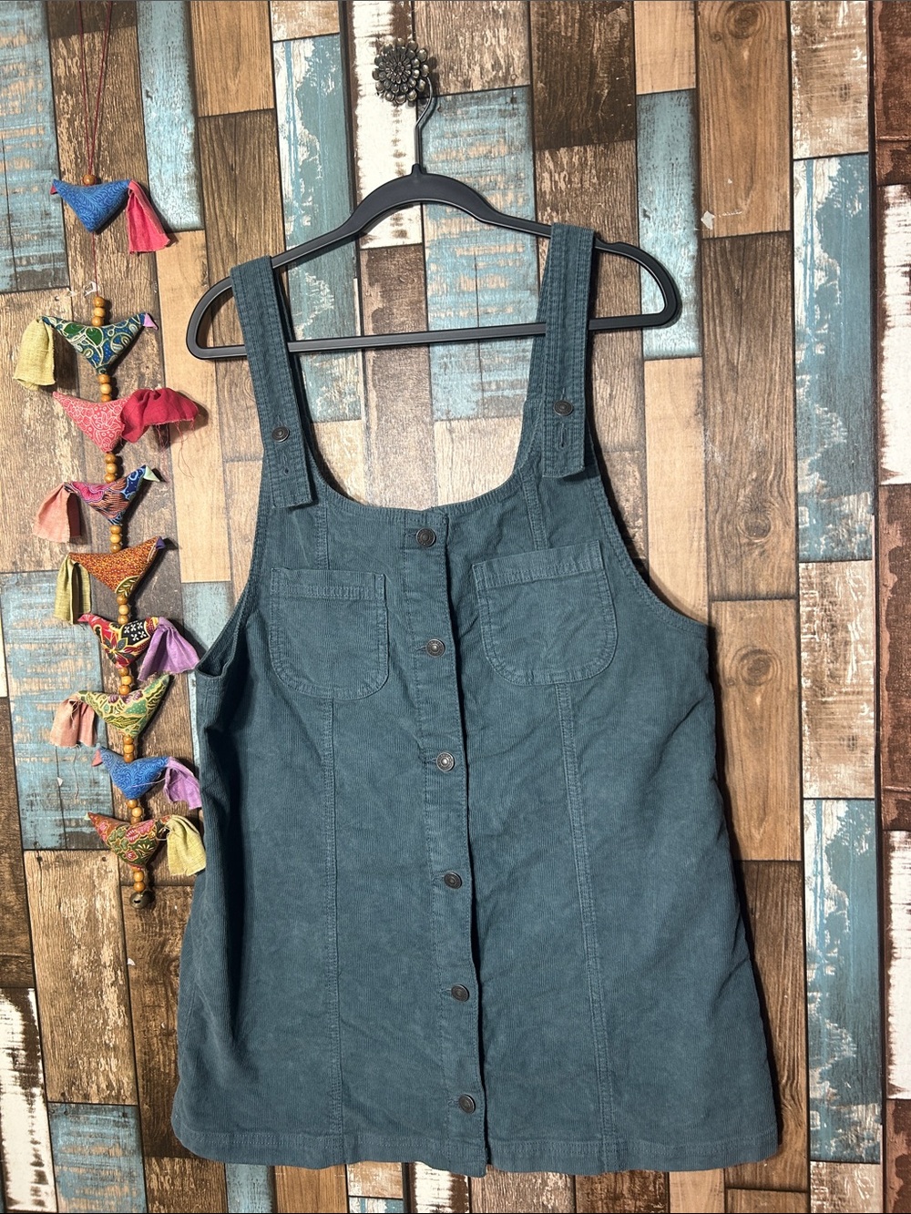 American Eagle Outfitters Teal Button-Front Pinafore Jumpsuit